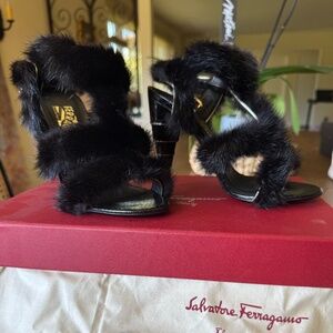 Salvatore Ferragamo Grey Fur Python Leather Ankle Strap Heels